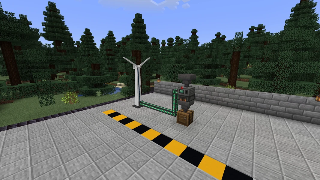 A wind generator, cables, and a smelter form a small production setup – our own screenshot from Craftoria 1.36.0