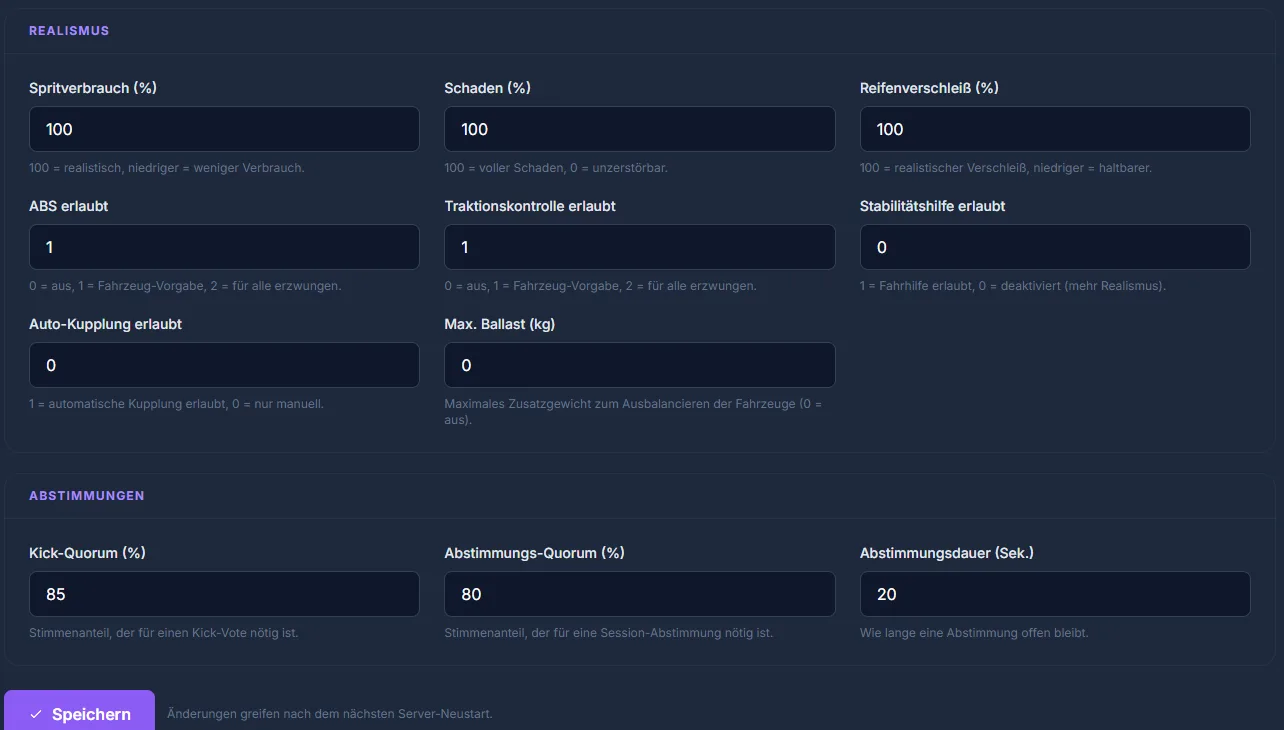 Guided Assetto Corsa editor: realism options (ABS, traction control, damage, tire wear) and voting settings
