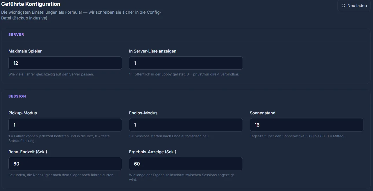Guided Assetto Corsa editor: server and session settings as a form in the game-serverhosting panel