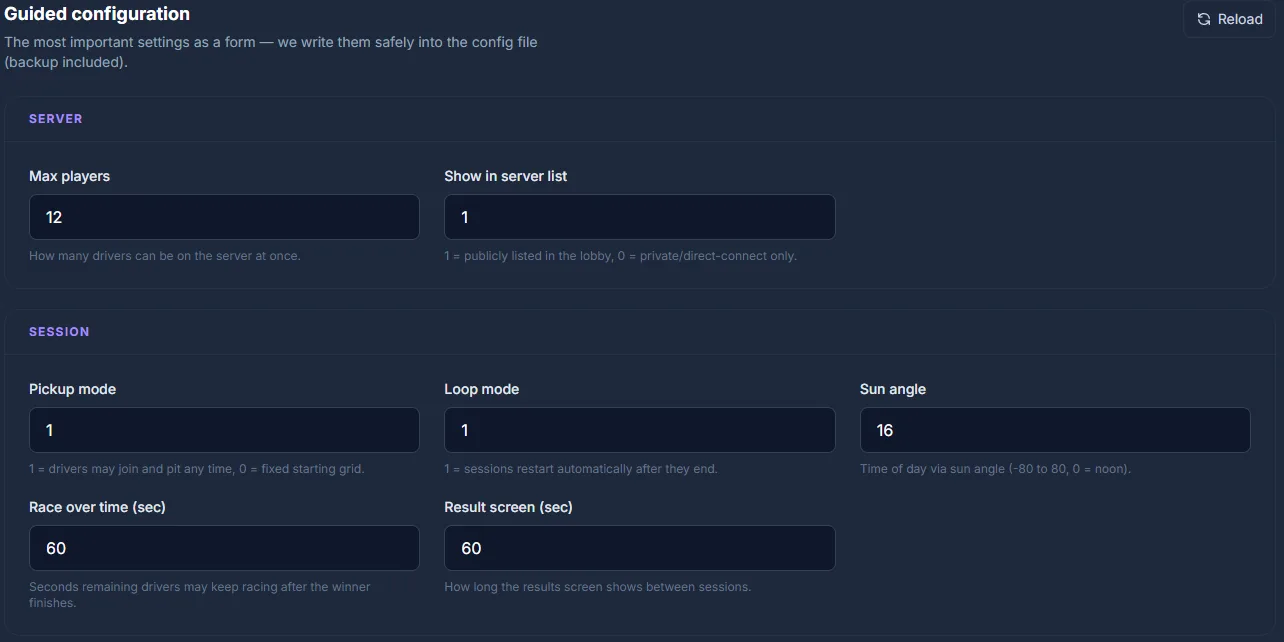 Guided Assetto Corsa editor: server and session settings as a form in the game-serverhosting panel