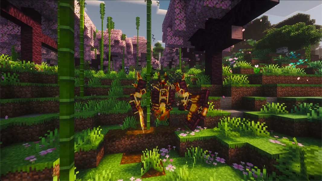 Ignis from L_Ender's Cataclysm in the cherry grove, spawned by command and with AI turned off – own capture from All the Mods 9 1.1.1