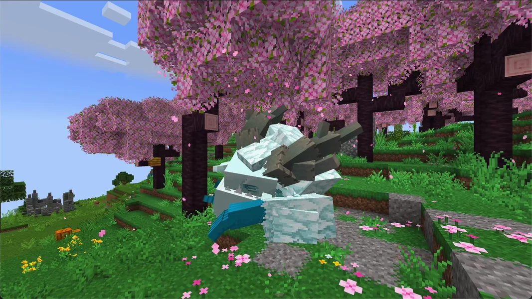 Frostmaw from Mowzie's Mobs in the cherry grove, placed by command and with AI turned off – own capture from Better MC BMC4 v59