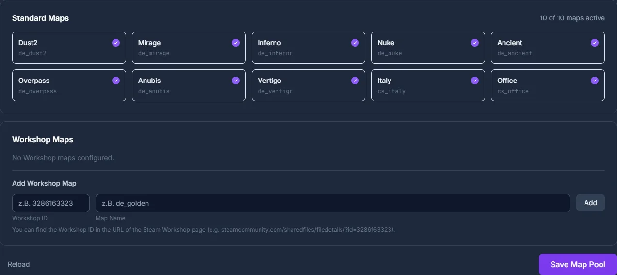 game-serverhosting Panel में CS2 Map-Pool-Manager: standard maps switch करना और Workshop maps को ID से add करना