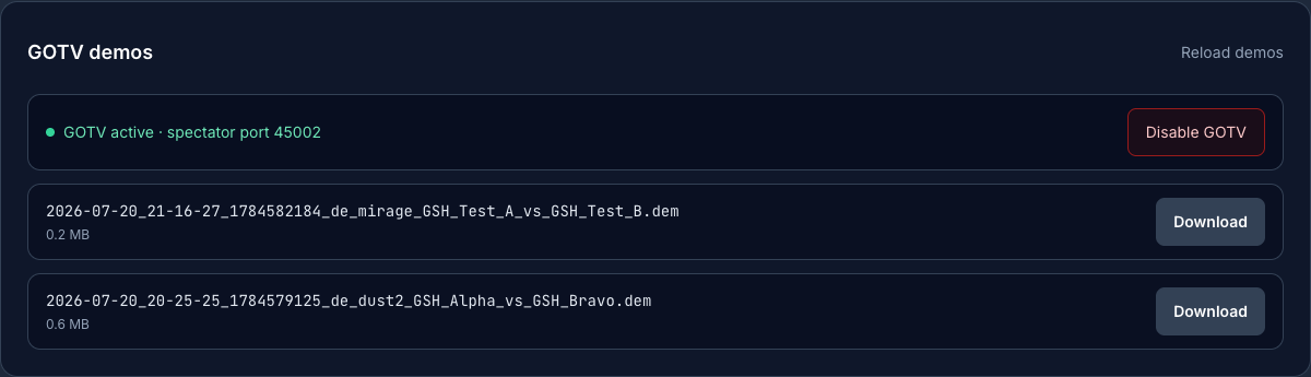 GOTV section with status line, spectator port and downloadable demo files