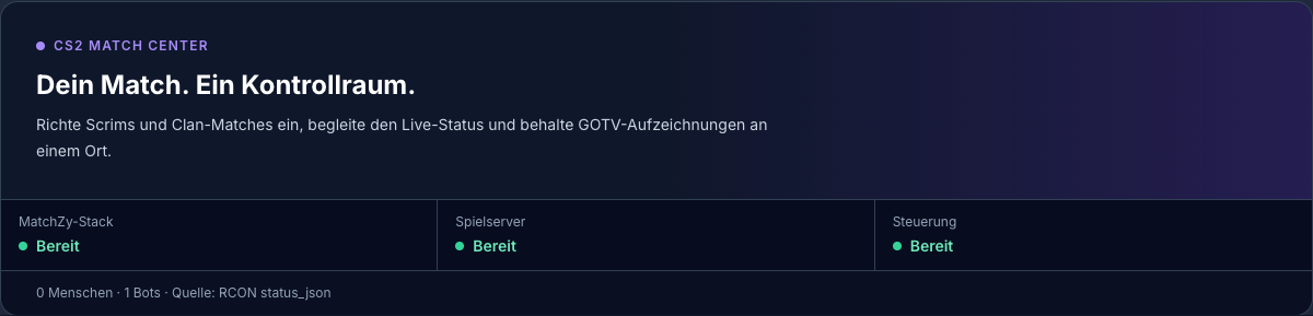 Match-Center-Kopf mit Status-Kacheln für Match-Stack, Spielserver und Steuerung