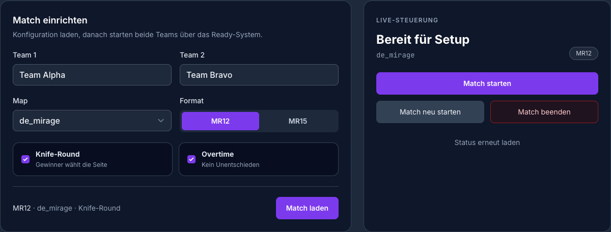 Das Formular „Match einrichten“ mit Teams, Map, Format, Knife-Round und Overtime