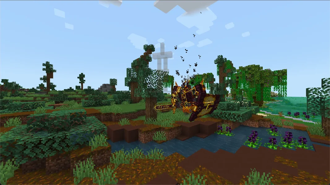 Ignis, boss from L_Ender's Cataclysm, in a swamp landscape in DawnCraft, placed via command and with AI disabled – own recording from DawnCraft