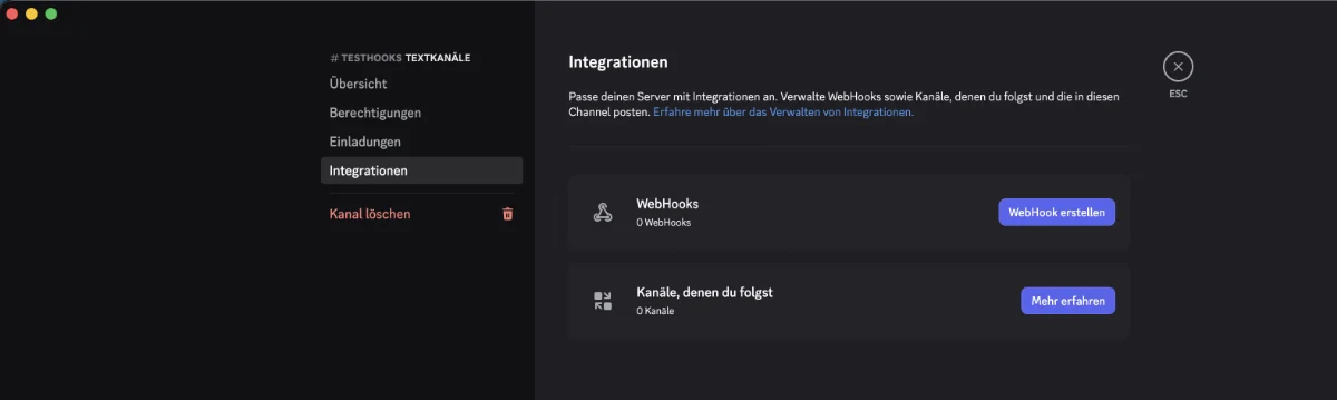 Discord channel settings, Integrations section: the Webhooks card with the Create Webhook button