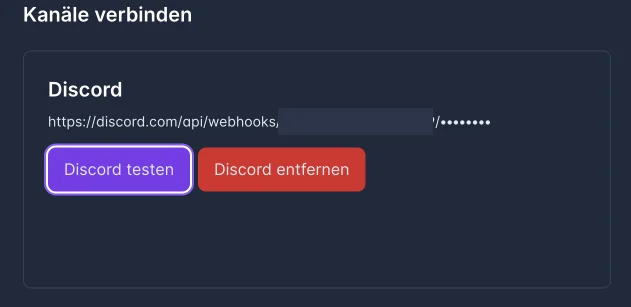 Connect Channels section in the server panel: the Discord card shows the shortened webhook address and the Test Discord and Remove Discord buttons