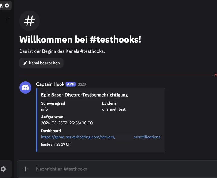 Discord channel with the received test notification: an embed with server name, severity, evidence, time, and dashboard link