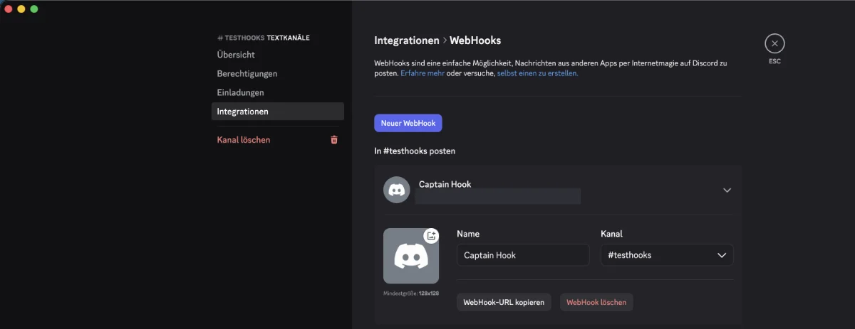Webhook detail view in Discord with the Name and Channel fields and the Copy Webhook URL button