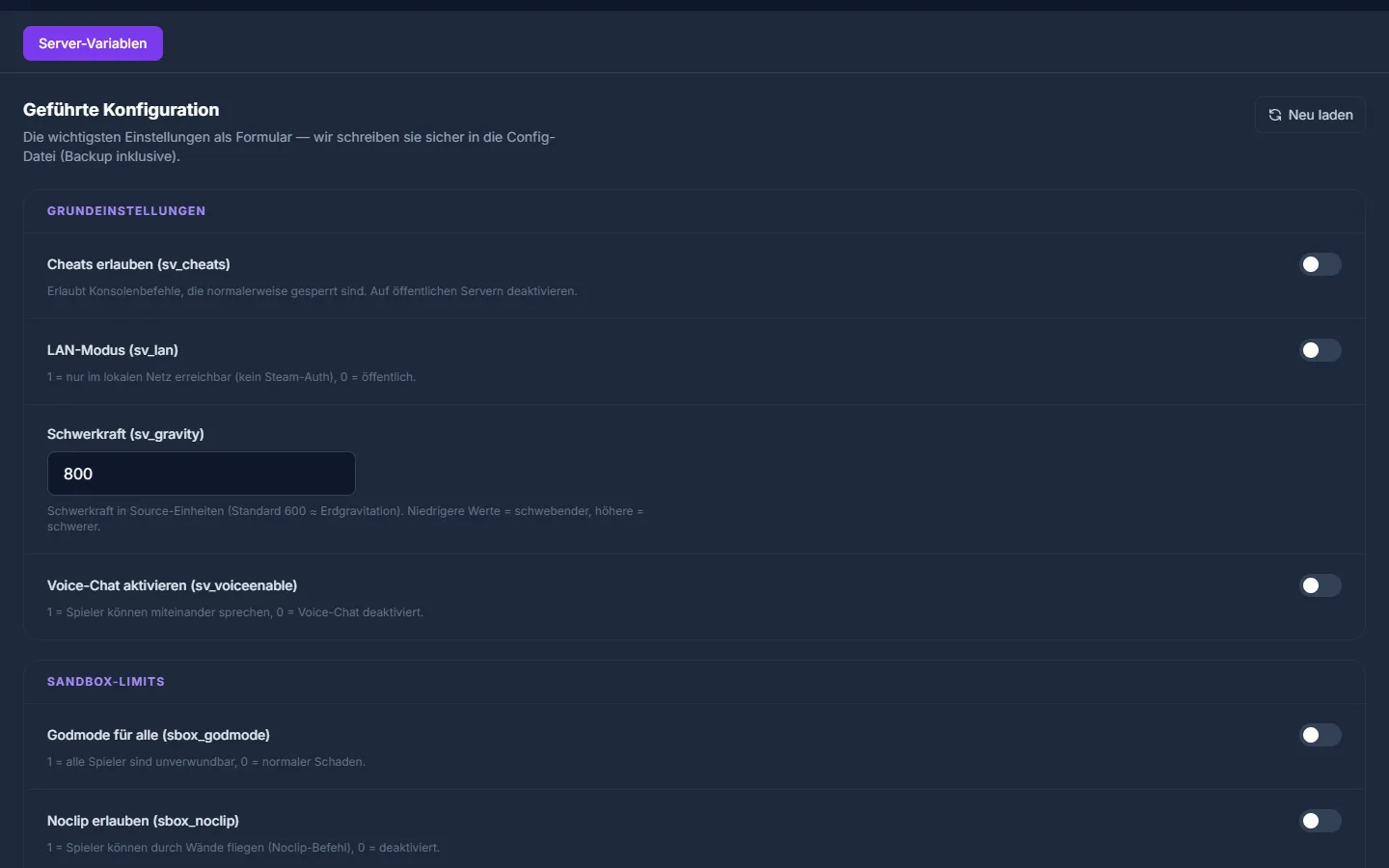 Guided server variable editor for Garry's Mod in the game-serverhosting panel