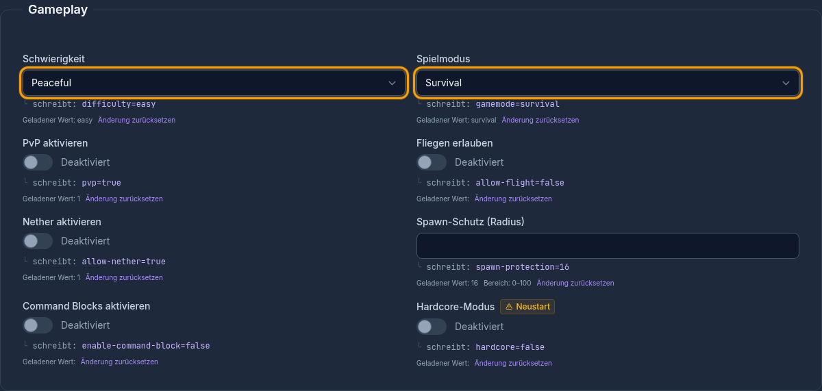 Gamemode und Schwierigkeit
