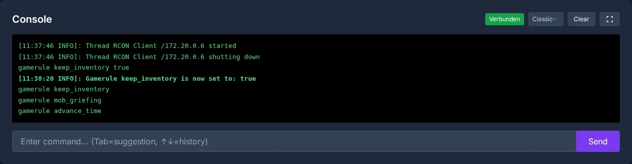 Console confirmation: keep_inventory on your Minecraft server
