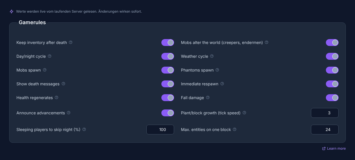 Gamerule editor in the game-serverhosting panel