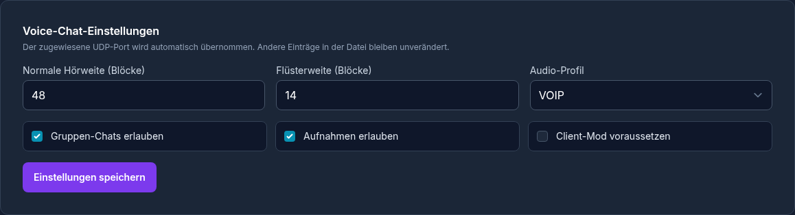 Voice-Chat-Einstellungen für Hörweite, Audio-Profil, Gruppen und Aufnahmen