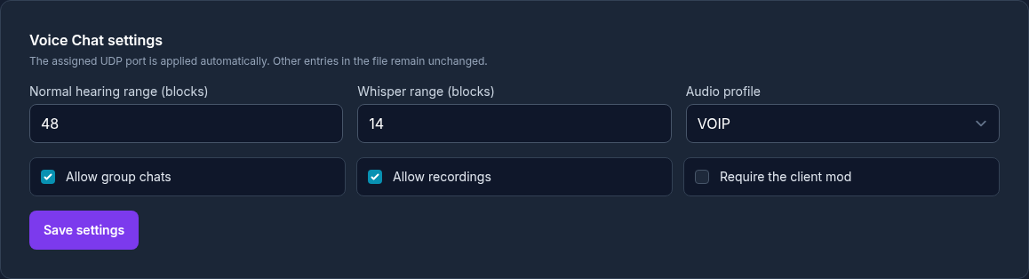 Voice chat settings for hearing range, audio profile, groups, and recordings