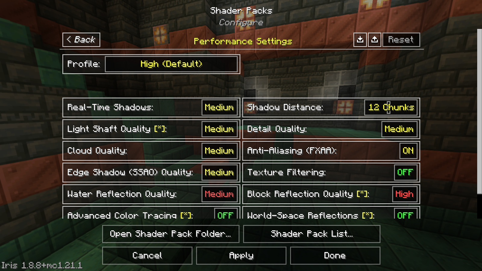 Original English client screenshot: Complementary Unbound r5.8.1 Performance Settings. Real-Time Shadows and Shadow Distance are separate controls; this example uses Medium shadows and a 12-chunk shadow distance.