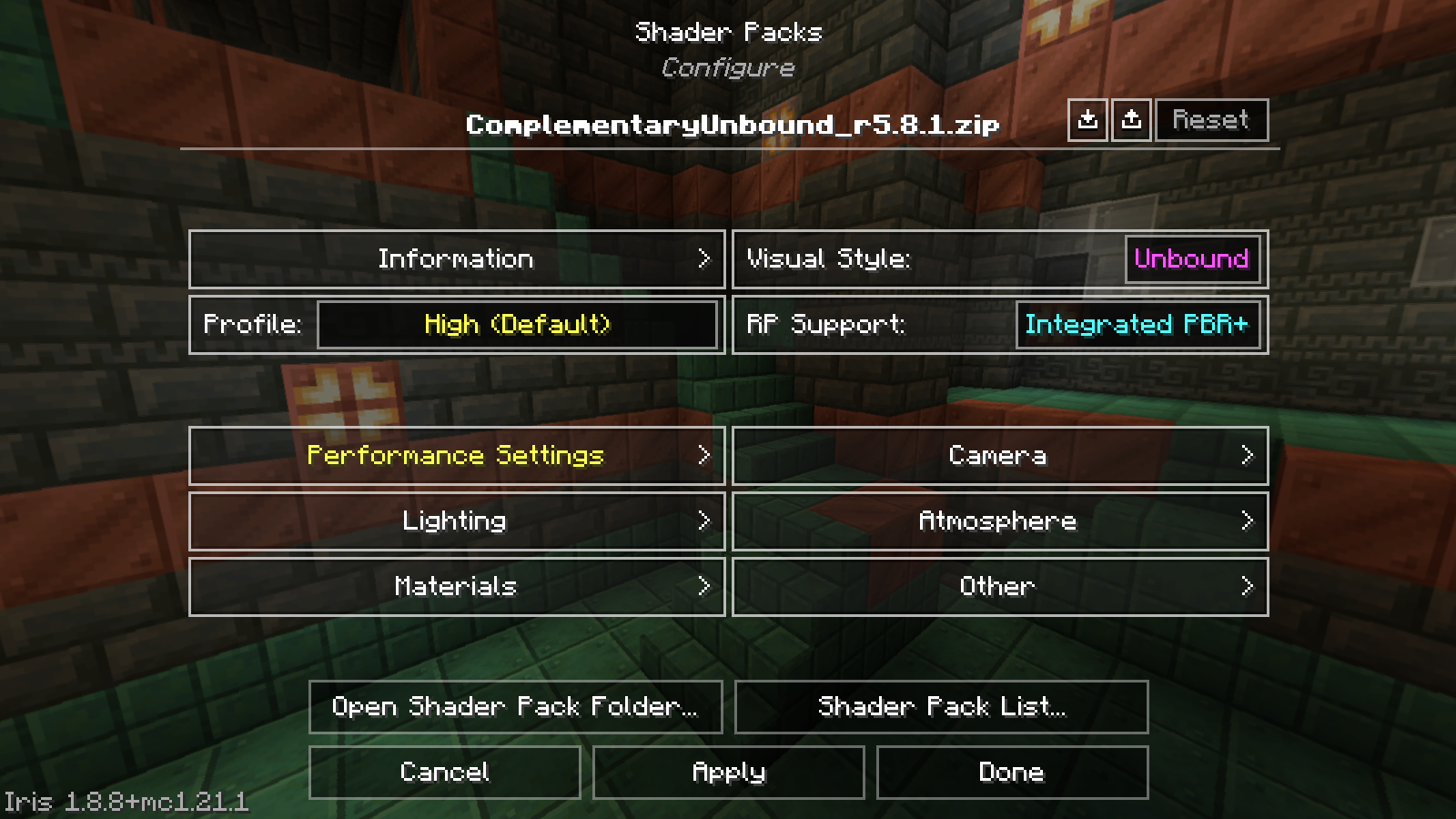 Original English client screenshot: Complementary Unbound r5.8.1 in Iris 1.8.8 on Minecraft 1.21.1. The High profile and the Performance, Lighting, Materials, Camera and Atmosphere menus are visible.