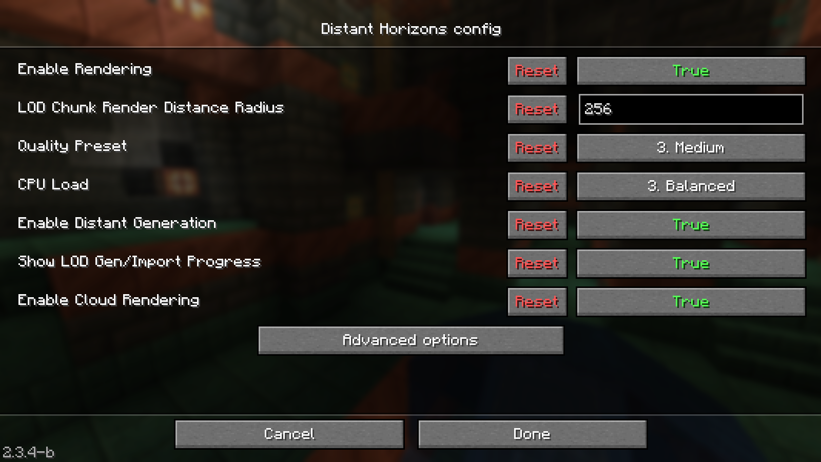 Original English client screenshot: Distant Horizons 2.3.4-b on Minecraft 1.21.1. The configured LOD radius is 256 chunks, with Medium quality and Balanced CPU load; this menu does not prove terrain has finished generating.