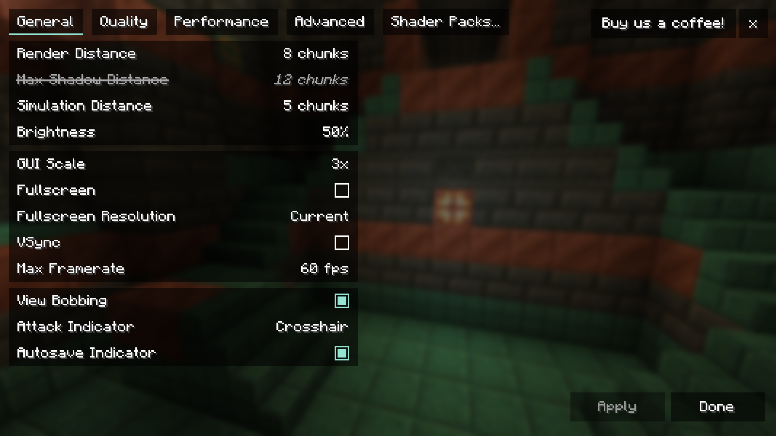 Original English client screenshot: Sodium 0.6.13 on Minecraft 1.21.1. Render Distance is 8 chunks, Simulation Distance 5 chunks, VSync off and Max Framerate 60 fps. These are example settings.