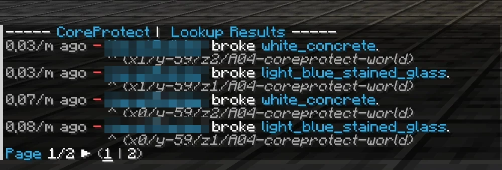 CoreProtect lookup: time, player, action and block for each entry