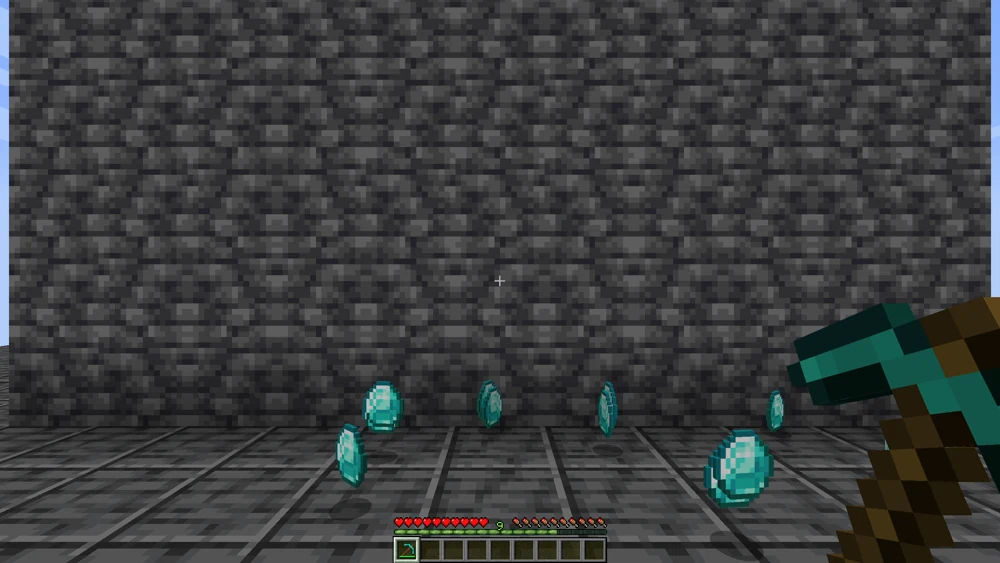The diamonds are collected in front of the player, the wall behind them is empty
