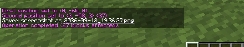 WorldEdit chat output: positions, operation completed, 27 blocks affected