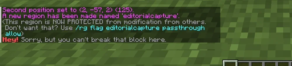 WorldGuard chat output: region created, protection active, breaking denied
