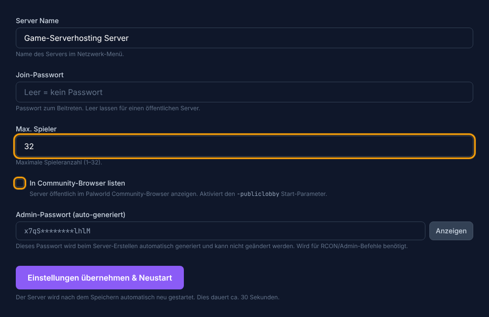 Max. players and community toggle