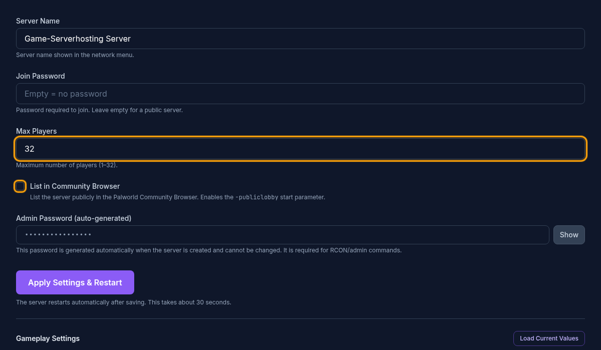 Max. players and community toggle