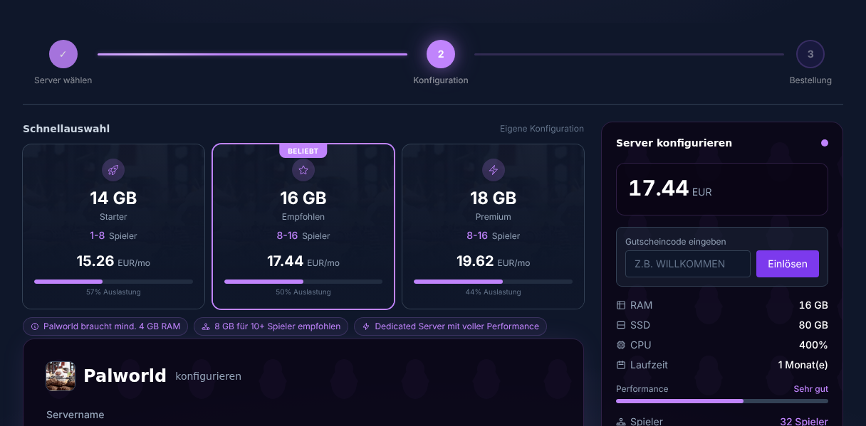 Palworld server in the order wizard