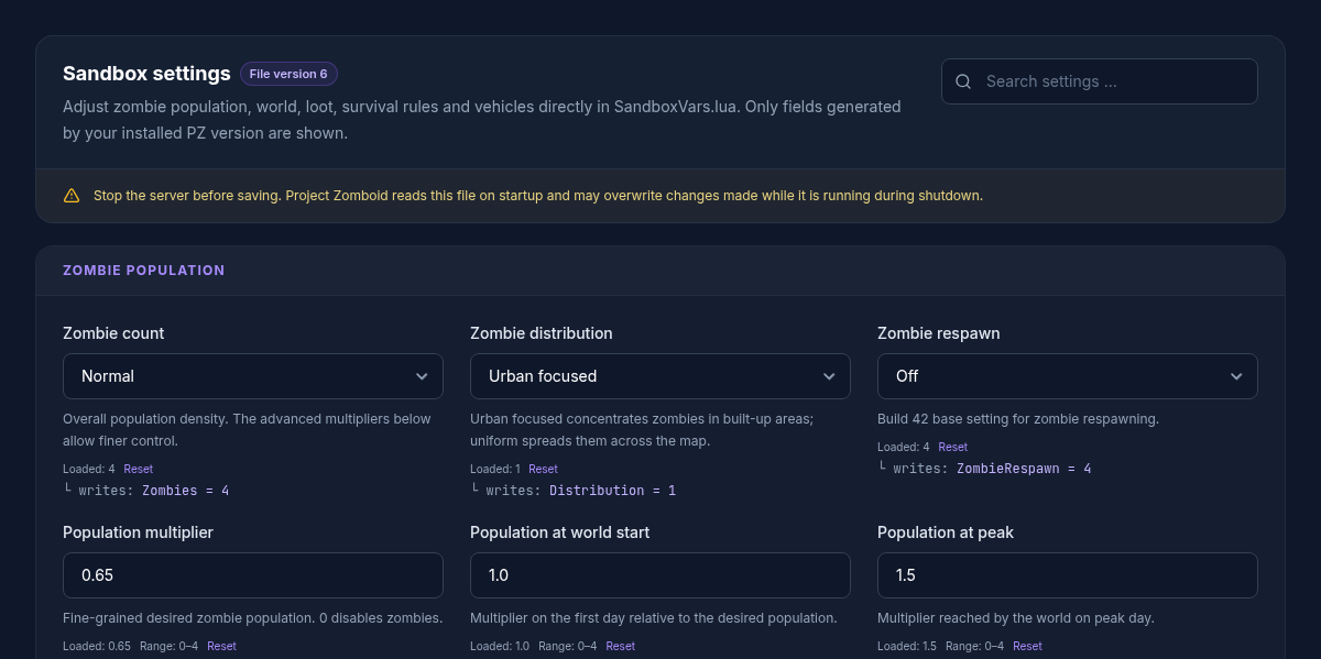 Project Zomboid sandbox editor with zombie settings