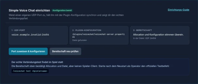 Simple-Voice-Chat-Assistent im game-serverhosting-Panel mit UDP-Port, Konfigurationsdatei und Bereitschaftsprüfung