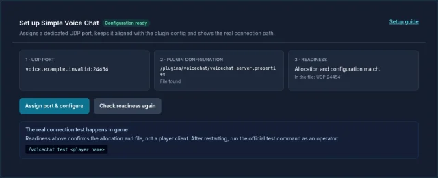 Simple Voice Chat assistant in the game-serverhosting panel with UDP port, configuration file, and readiness check