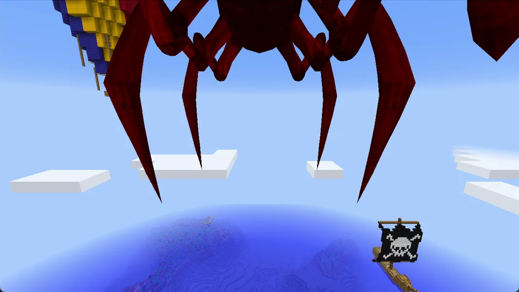 Amalgalich, boss from Lycanites Mobs, placed via command with AI disabled, hovering over the sea – our own screenshot from RLCraft 2.9.3