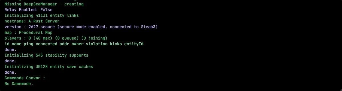 Live-Konsole eines Rust-Servers im game-serverhosting Panel: Server-Status und Admin-Befehle in Echtzeit