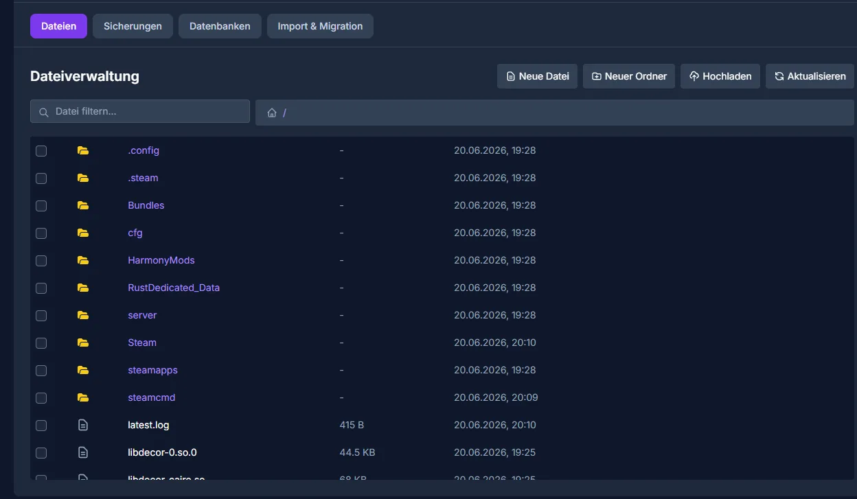 Gestione file Rust nel panel di game-serverhosting: modifica direttamente cfg, oxide e tutti i file del server