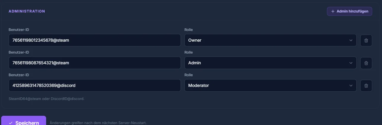SCP-SL administration: admins with SteamID64 or Discord ID and role (Owner, Admin, Moderator) in the guided editor