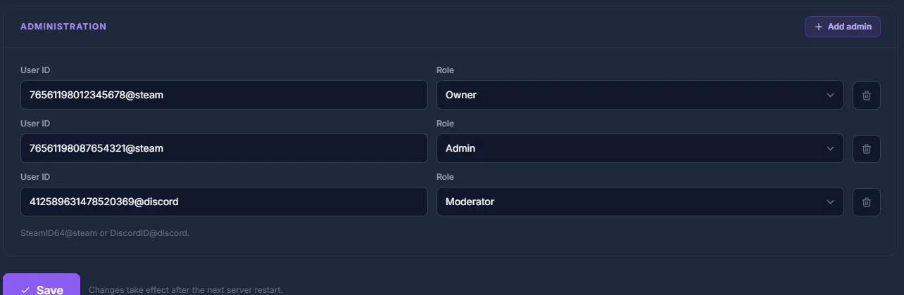 Administración de SCP-SL: admins con SteamID64 o ID de Discord y rol (Owner, Admin, Moderator) en el editor guiado