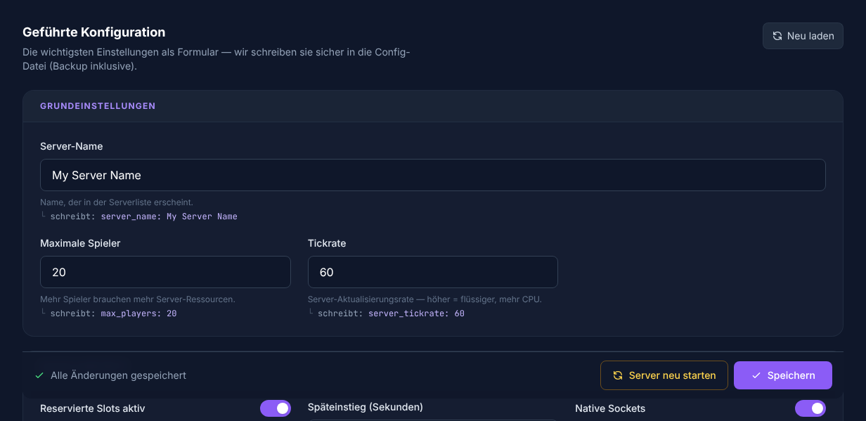 Guided SCP-SL configuration editor: basic settings, slots, and gameplay as a form in the game-serverhosting panel