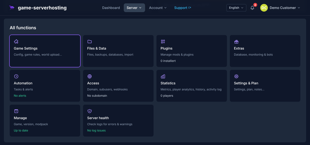 Editor de configuración guiado de SCP-SL: ajustes básicos, slots y gameplay como formulario en el panel de game-serverhosting