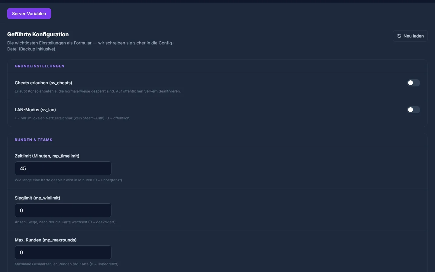 Guided server variable editor for Team Fortress 2 in the game-serverhosting panel