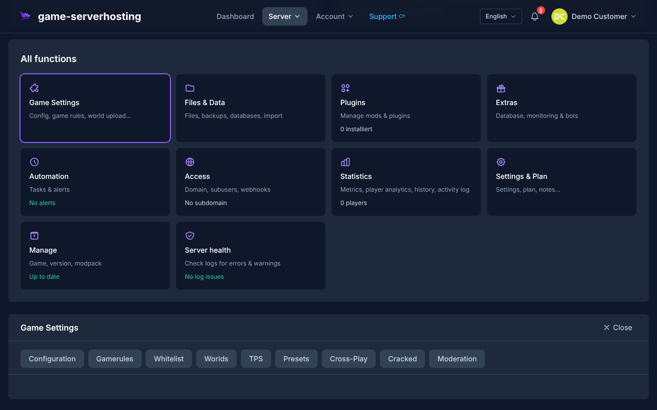 Guided server variable editor for Team Fortress 2 in the game-serverhosting panel