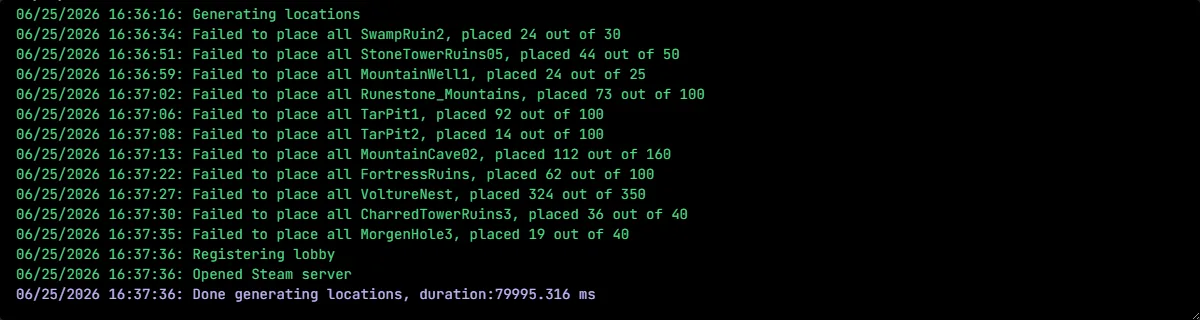 Console live di un server Valheim nel pannello game-serverhosting: avvio del server e output admin in tempo reale