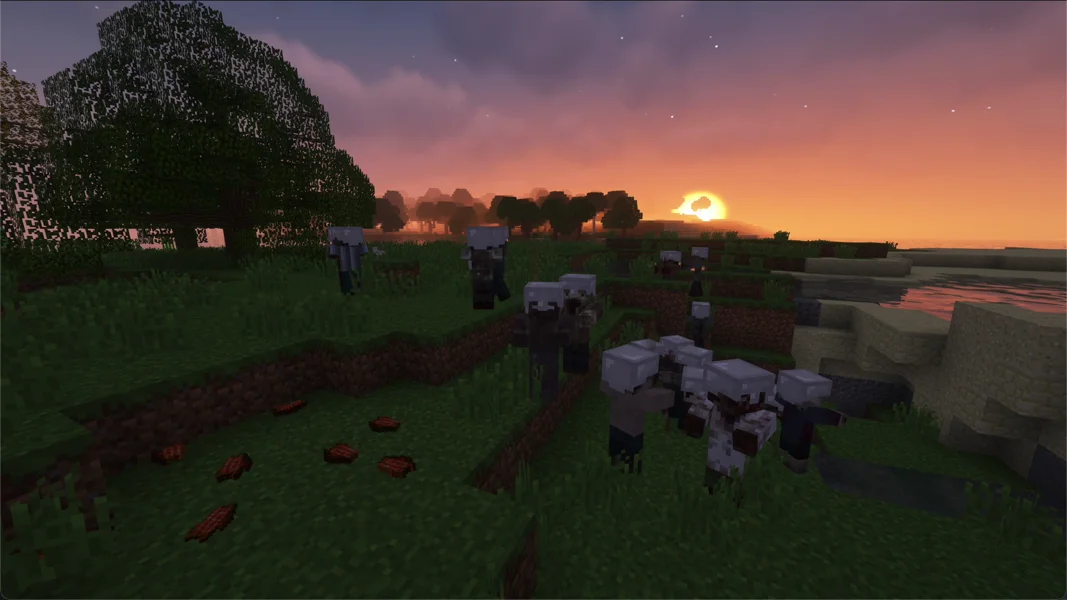 Zombie horde at sunset in Zombie Invade 100 Days, placed via command for the recording and set on sheep – own recording from Zombie Invade 100 Days 2.3
