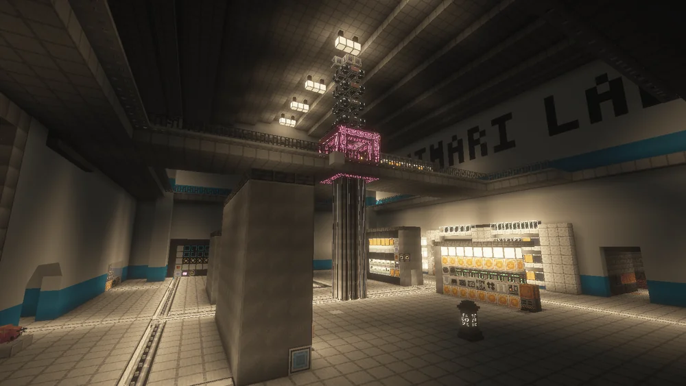 Neon ışığında laboratuvar koridoru