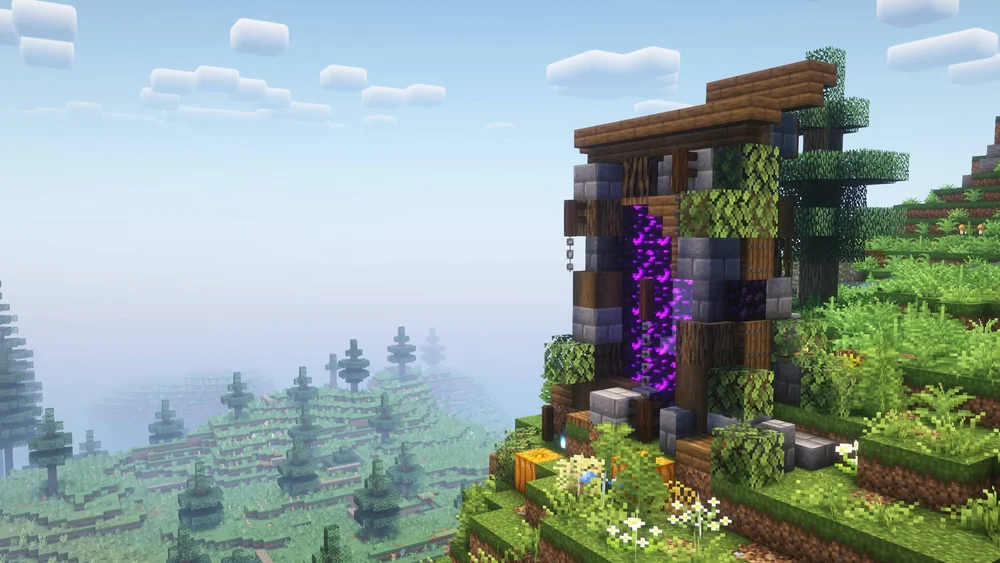 Ruines envahies par la végétation avec portail du Nether