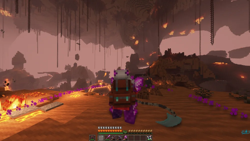 Combat dans le Nether entre lave et ruines