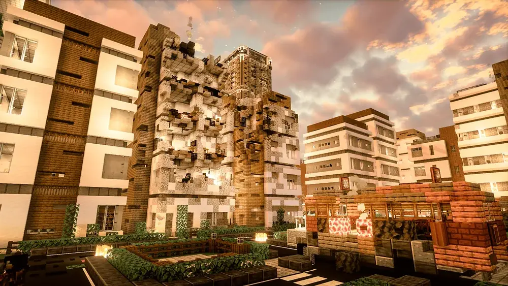 Immeubles d’habitation détruits au crépuscule